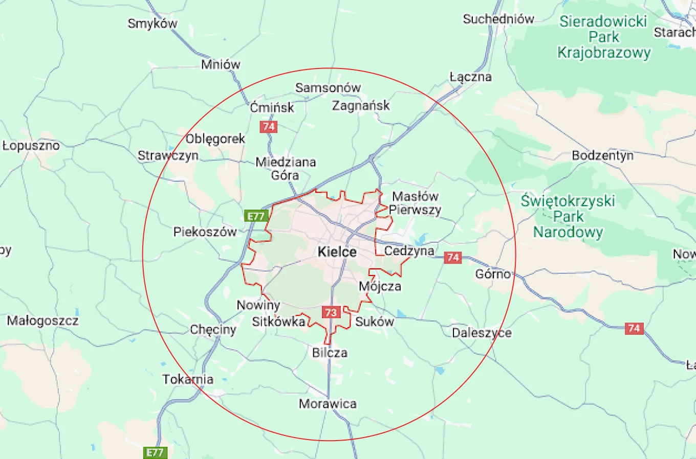 Mapa obsługiwanego przez firmę obszaru na terenie województwa świętokrzyskiego.